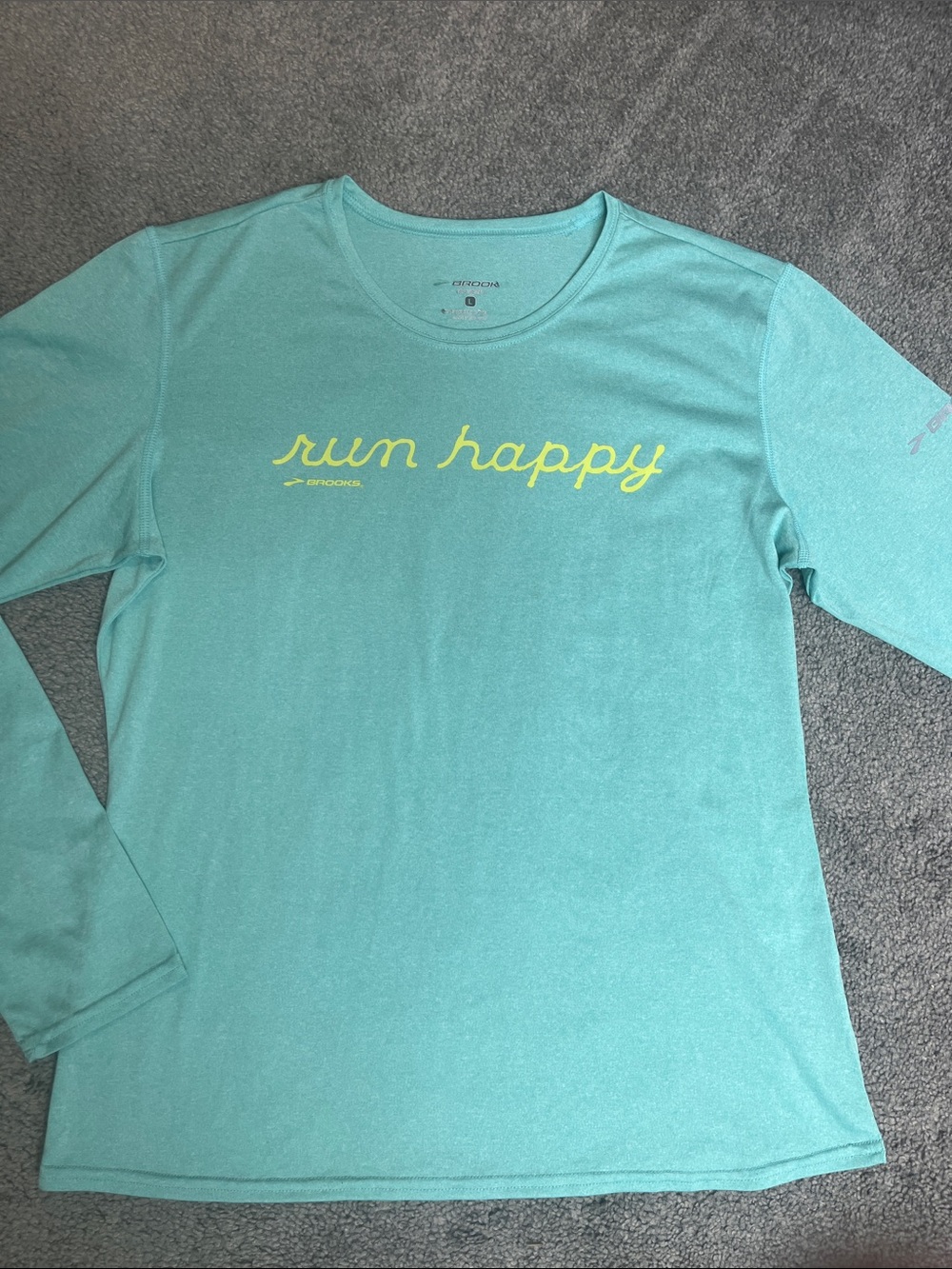 Brooks Run Happy Aqua Long Sleeve Tee with Yellow Script Size Large